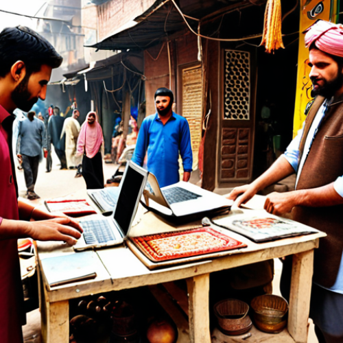 Home 4 **
* **Prompt:** A vibrant, bustling marketplace scene in Lahore, Pakistan. Focus on a partnership between a young, tech-savvy entrepreneur using a laptop and a seasoned, traditional craftsman displaying handcrafted goods. Emphasize trust, mutual respect, and the blending of modern and traditional business approaches. Include Urdu script signage in the background.
**