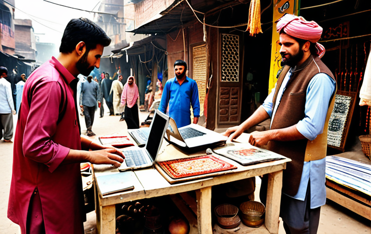 **
* **Prompt:** A vibrant, bustling marketplace scene in Lahore, Pakistan. Focus on a partnership between a young, tech-savvy entrepreneur using a laptop and a seasoned, traditional craftsman displaying handcrafted goods. Emphasize trust, mutual respect, and the blending of modern and traditional business approaches. Include Urdu script signage in the background.
**