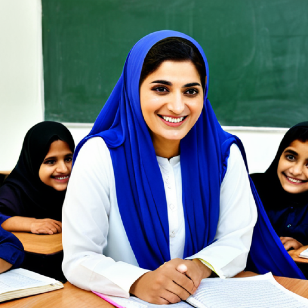 **

A professional female teacher in Pakistan, fully clothed in a modest shalwar kameez with a dupatta, smiling warmly at her students in a bright and organized classroom. Background shows colorful learning materials and posters in Urdu. Safe for work, appropriate content, family-friendly, perfect anatomy, natural pose, professional photography.

**