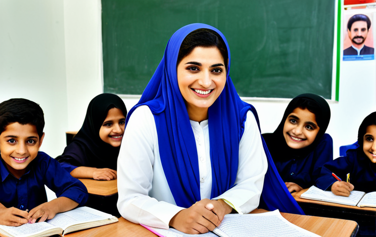 **

A professional female teacher in Pakistan, fully clothed in a modest shalwar kameez with a dupatta, smiling warmly at her students in a bright and organized classroom. Background shows colorful learning materials and posters in Urdu. Safe for work, appropriate content, family-friendly, perfect anatomy, natural pose, professional photography.

**