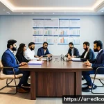 파트너십의 성공 사례 및 교훈 - A professional business meeting scene in a modern office with a diverse group of Urdu-speaking partn...
