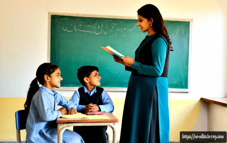 Home 17 교육적 파트너십의 목표 설정 방법 - Photorealistic scene of a Pakistani school teacher and two parents in modest everyday clothing colla...